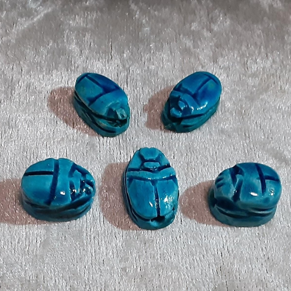 5 Vintage Egyptian Scarab Beetle Souvenir Beads - Turquoise Blue